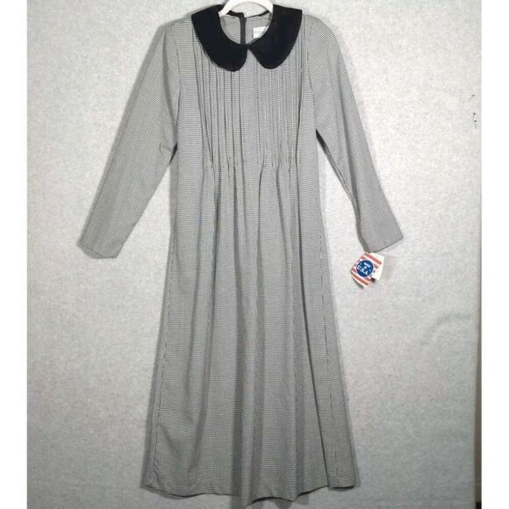 Vintage Black & White Houndstooth Maxi Dress Velvet Sweetheart Collar  M Pleated